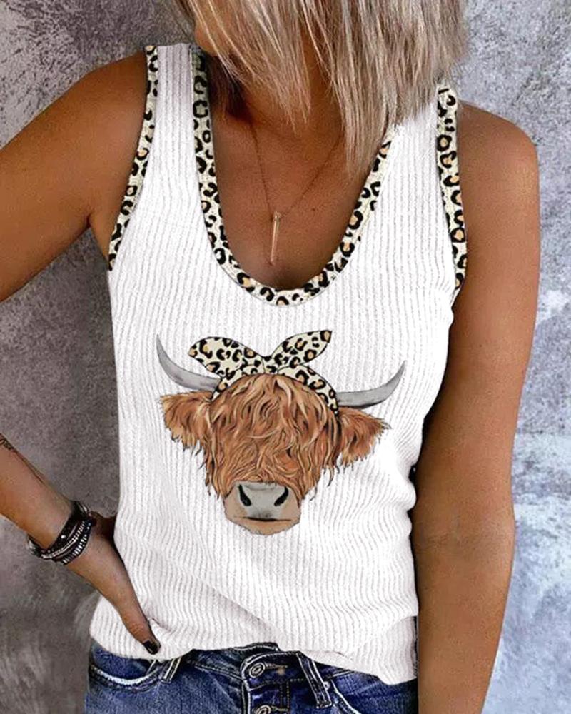 

Leopard Highland Cattle Print Ribbed Tank Top, White