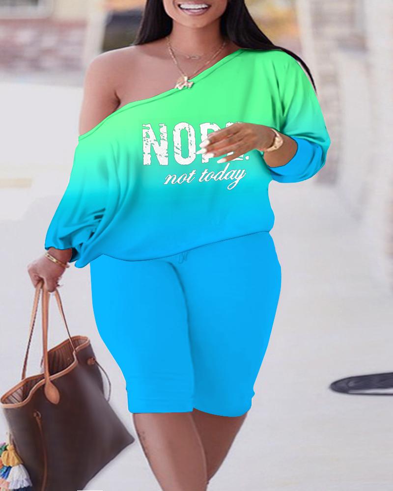 

Plus Size Nope Not Today Print Ombre Top & Pants Set, Green