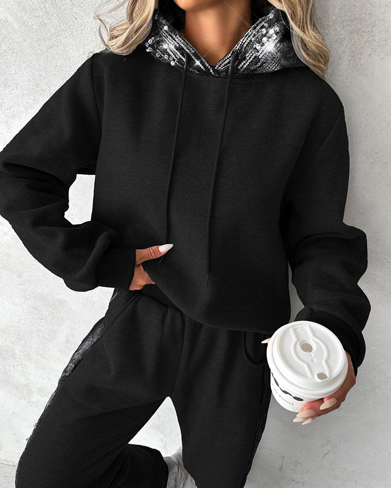 

Contrast Sequin Hooded Sweatshirt & Pocket Design Sweatpants Set, Black