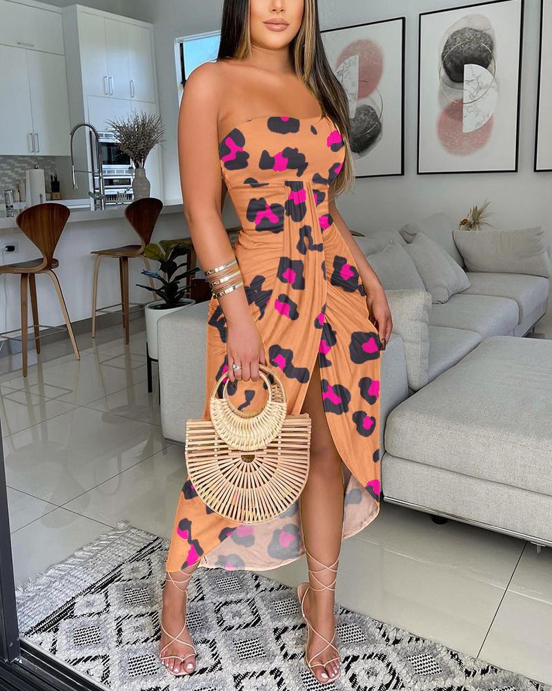 

Pink Leopard Print Bandeau Draped Casual Dress, Brown