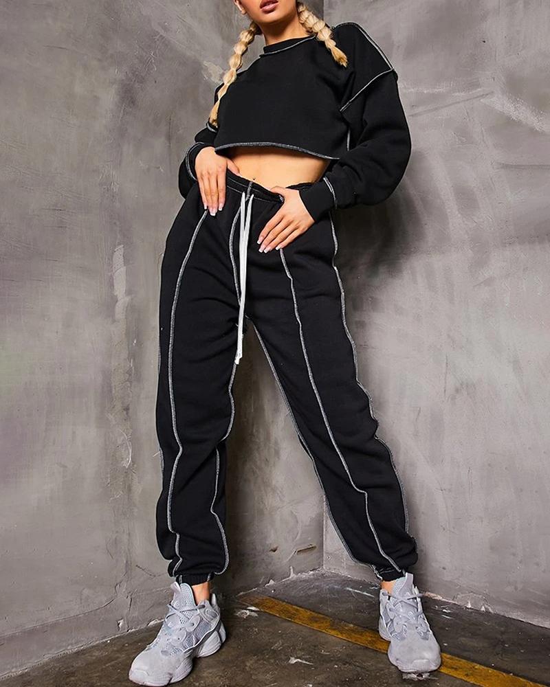 

Contrast Piping Long Sleeve Top & Drawstring Pants Set, Black