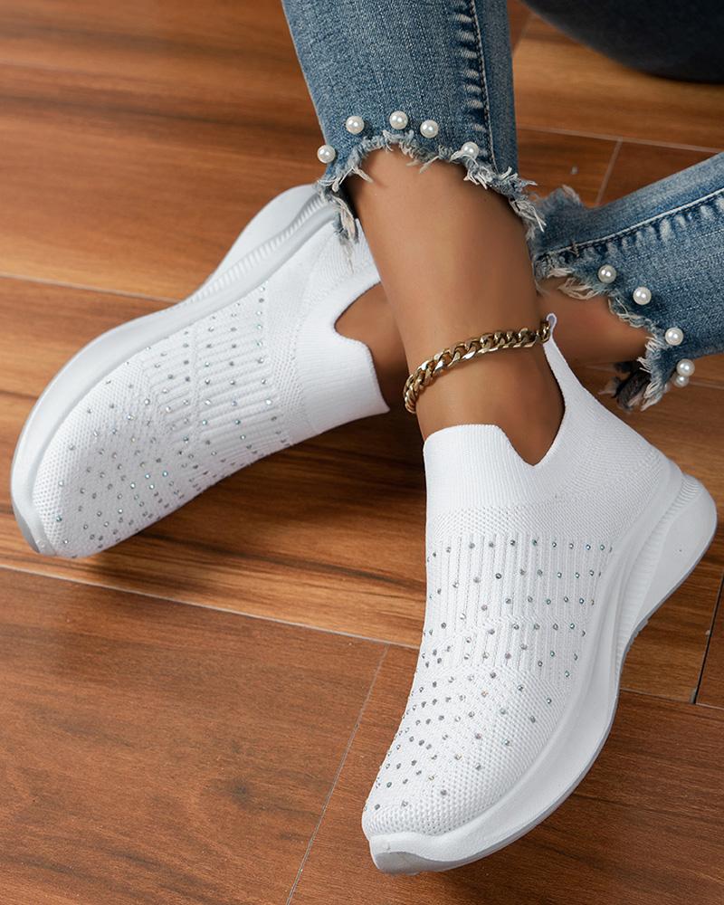 

Rhinestone Decor Platform Knit Running Sneakers, White