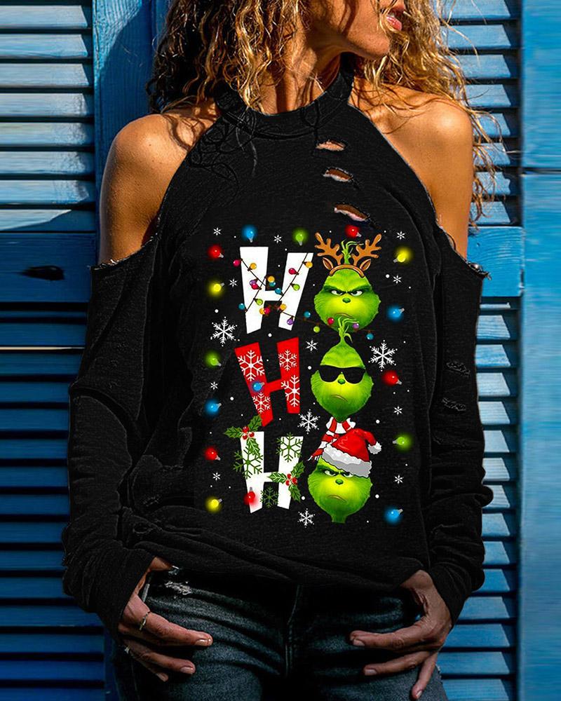 

Christmas Grinches Letter Print Cold Shoulder Top, Black