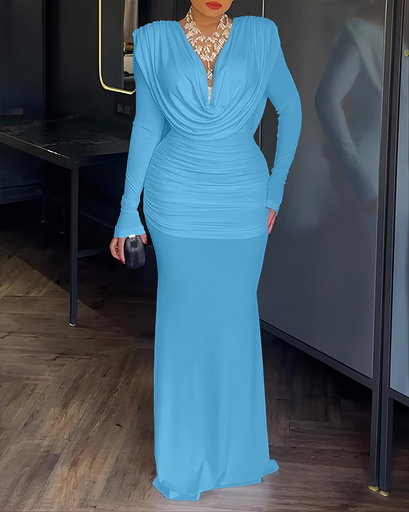 

Robe longue moulante à col bénitier, taille cintrée et froncée, épaules rembourrées, dos nu, tenue de soirée décontractée, Lighted blue