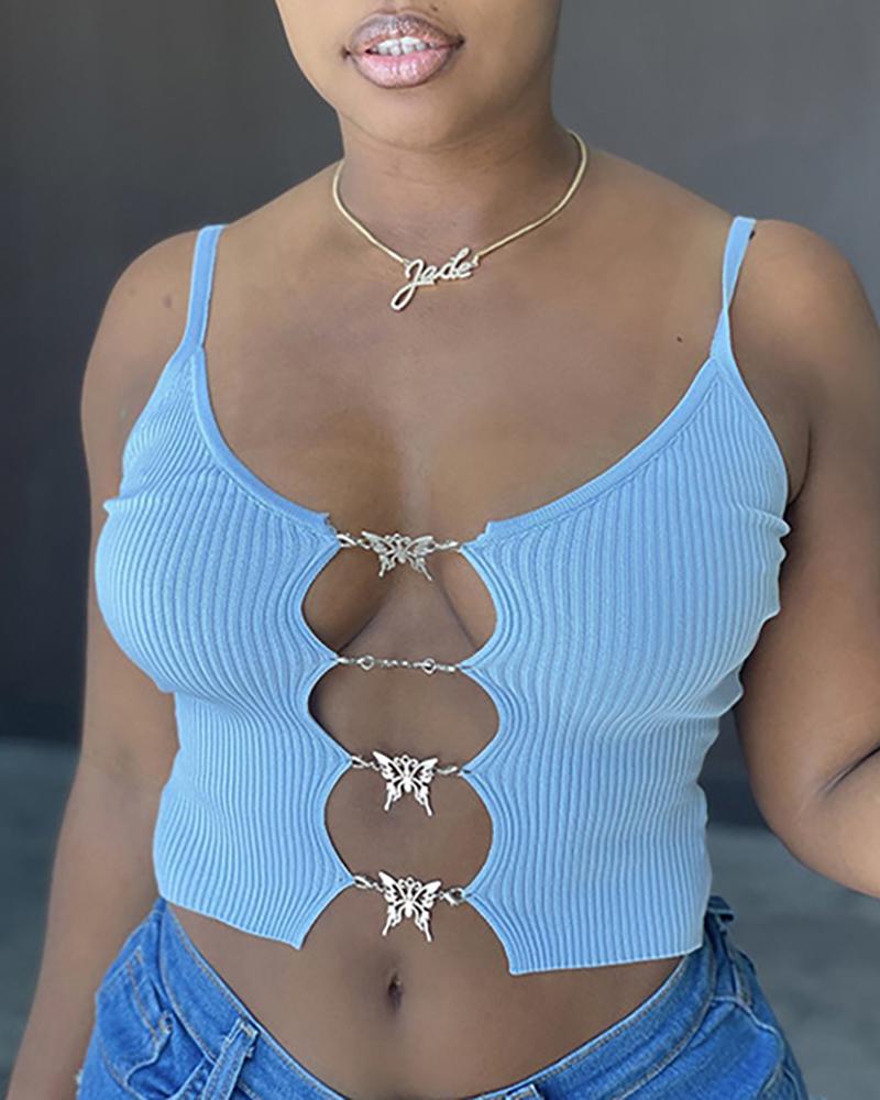 

Plain Spaghetti Strap Cutout Crop Bodycon Top, Blue