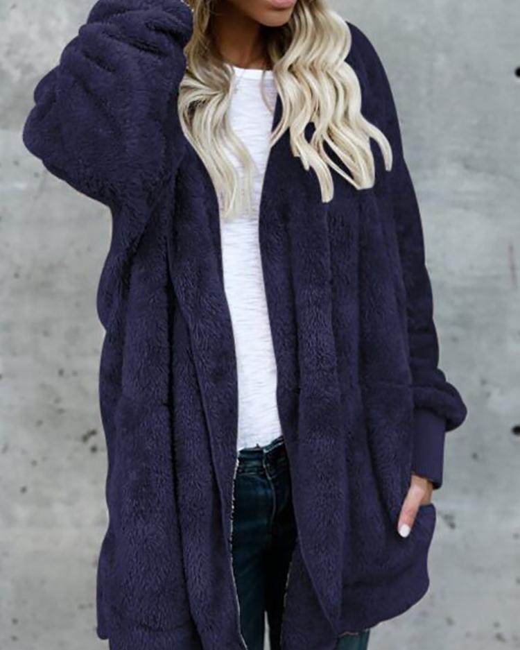 Warm Solid Pocket Design Hoodies Fluffy Coat