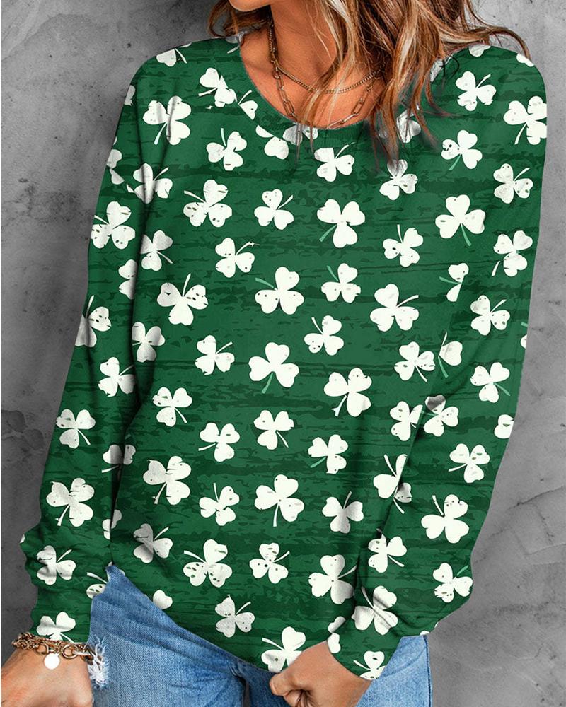 

St. Patrick' Day Lucky Shamrock Print Long Sleeve Casual Top, Green