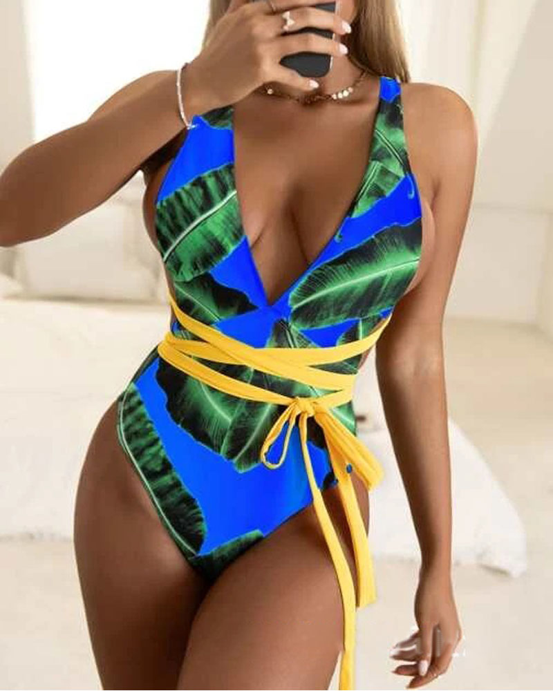 

Tropical Print Criss Cross Backless One-Piece Swimsuit, Blue