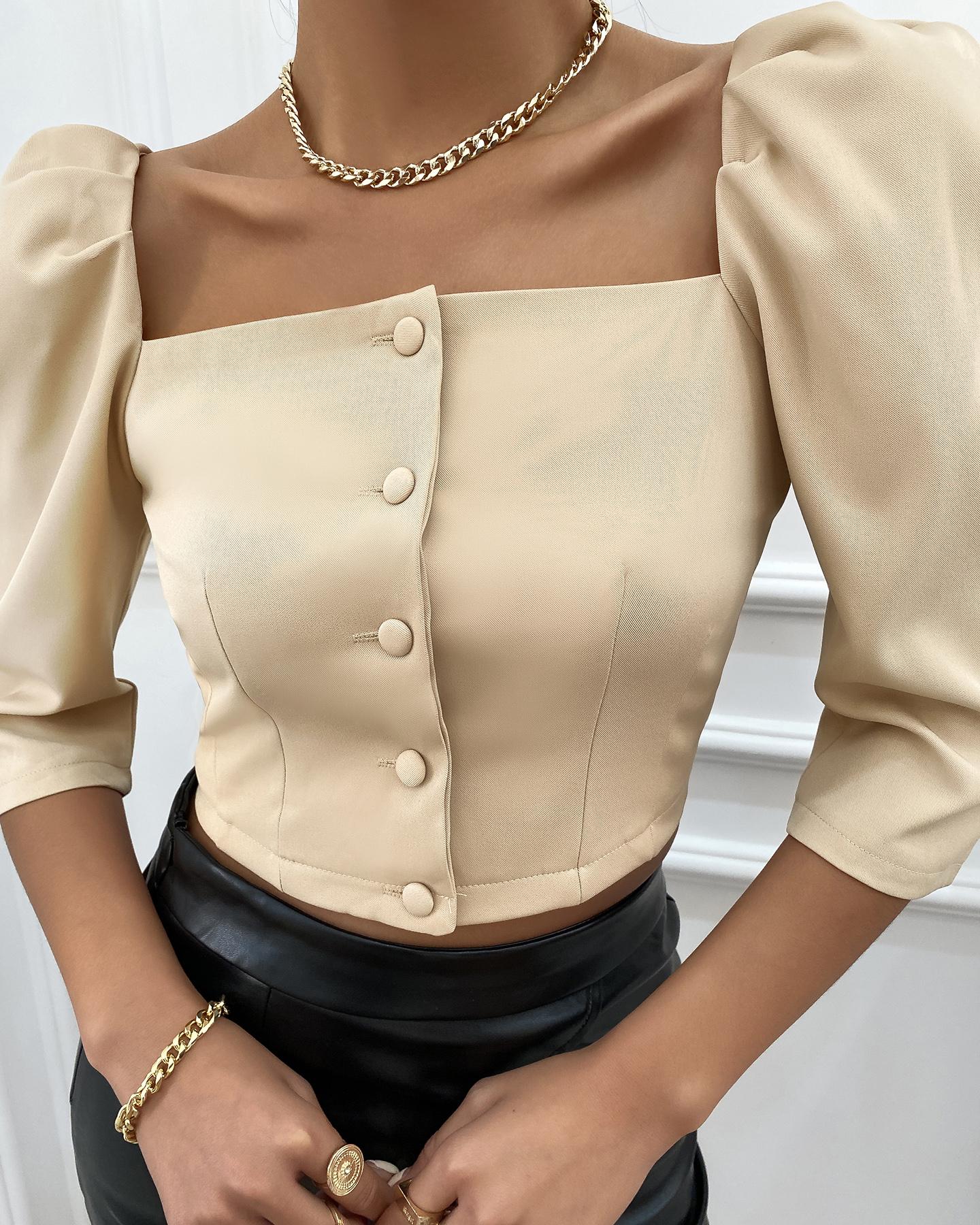 

Puff Sleeve Button Front Crop Top, Khaki