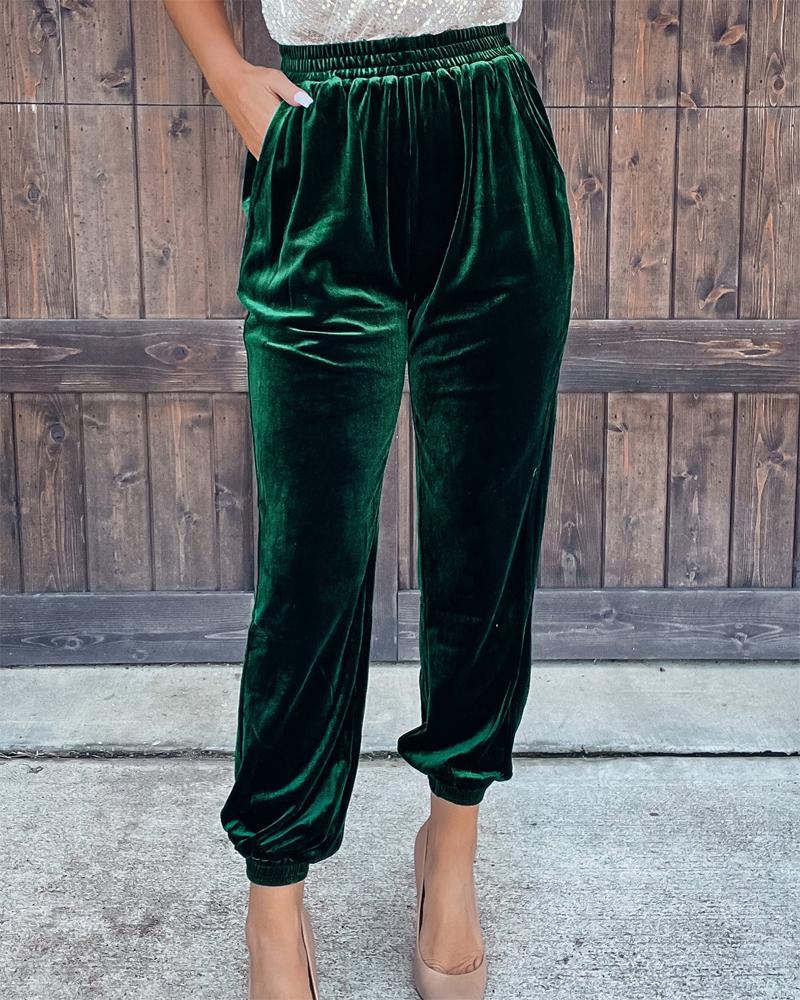 

Pocket Design Velvet Cuffed Pants, Green