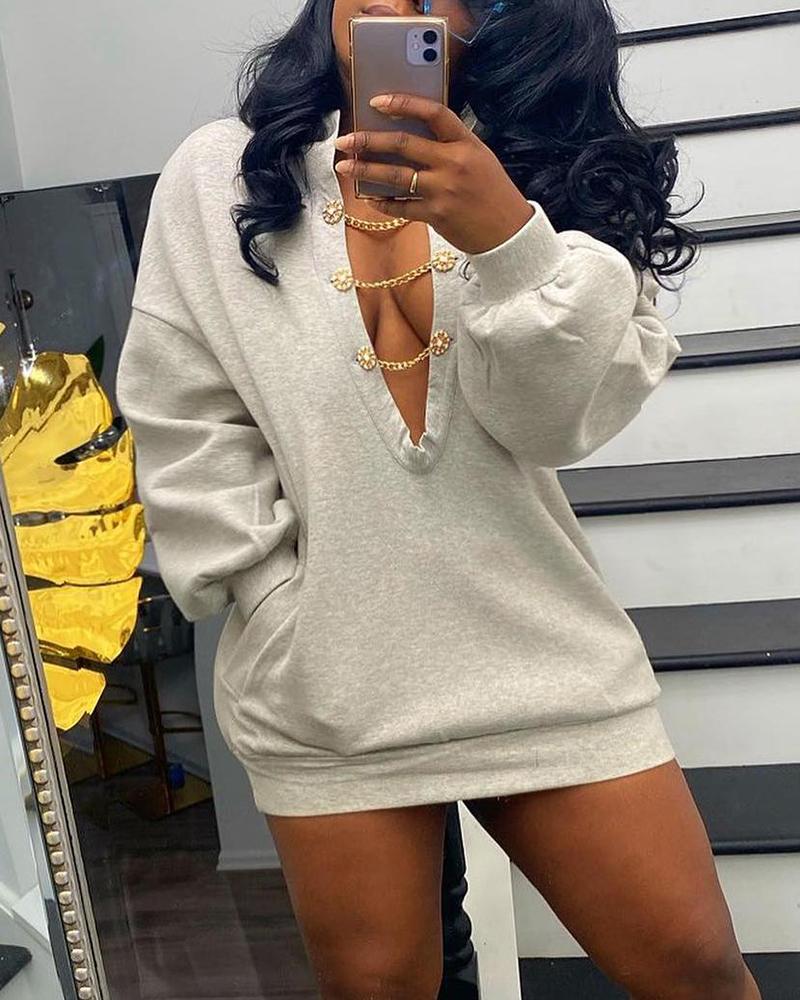 

Chain Decor Plunge Sweatshirt Dress, Gray