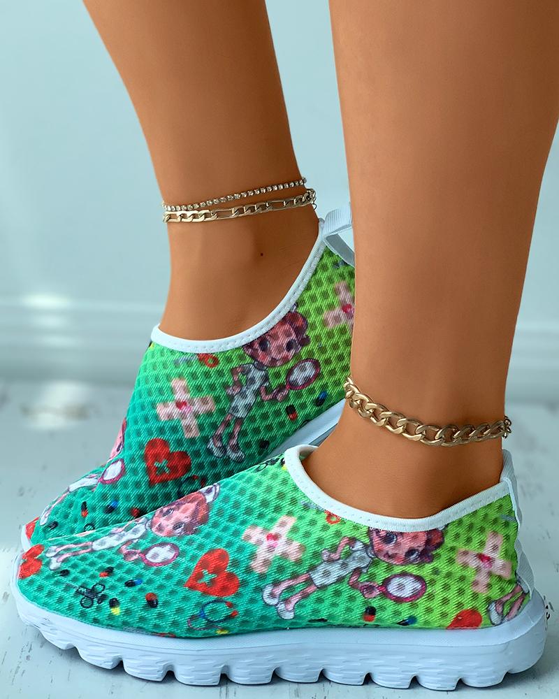 

Cartoon Graphic Print Knit Sock Sneakers, Green