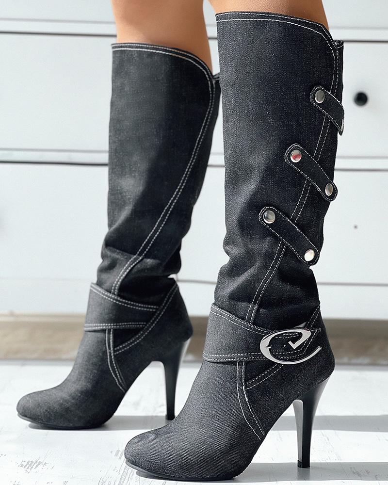

Denim Buckled Stiletto Heel Boots, Black