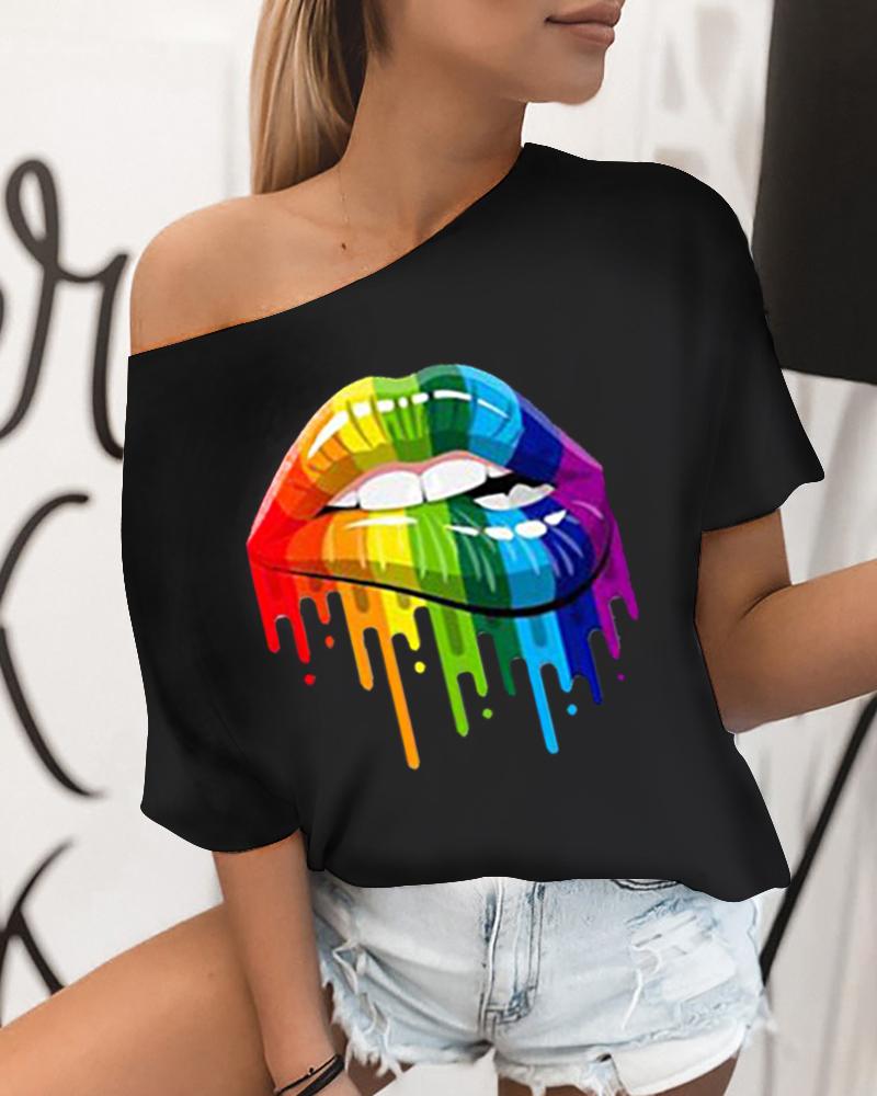 

Lip Print Round Neck Casual T-shirt, Black