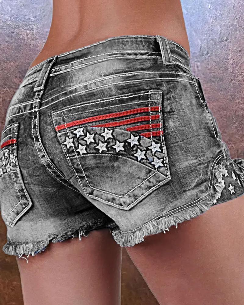 

Independence Day Pattern Distressed Raw Hem Denim Shorts, Light gray