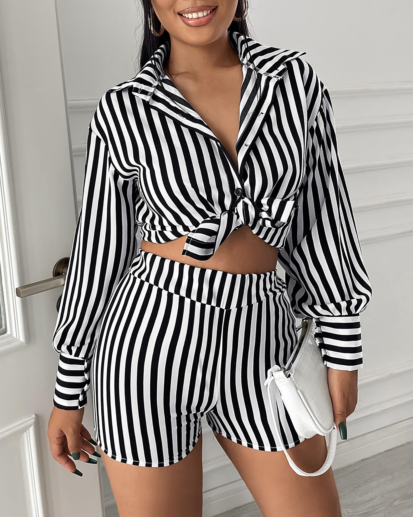 

Striped Button Up Drop Shoulder Top & Shorts Set, Black