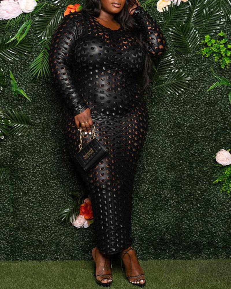 

Plus Size Hollow Out Long Sleeve Bodycon Dress, Black