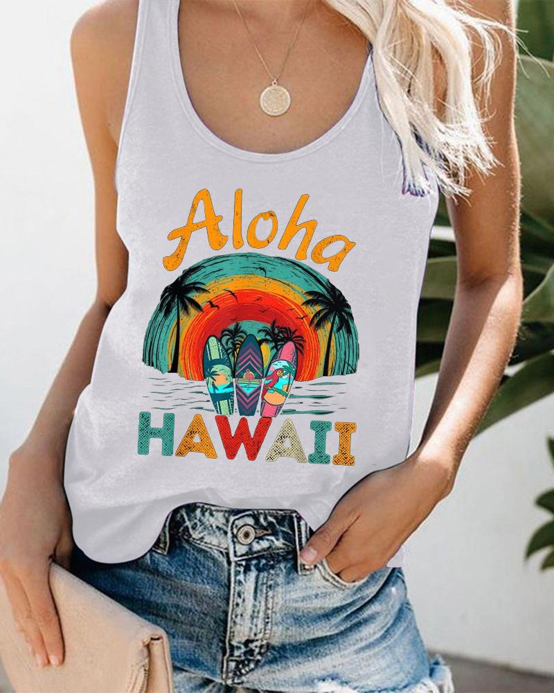 

Landscape Coconut Tree Letter Print Graphic Tee Summer Beach Vest Tank Top, White