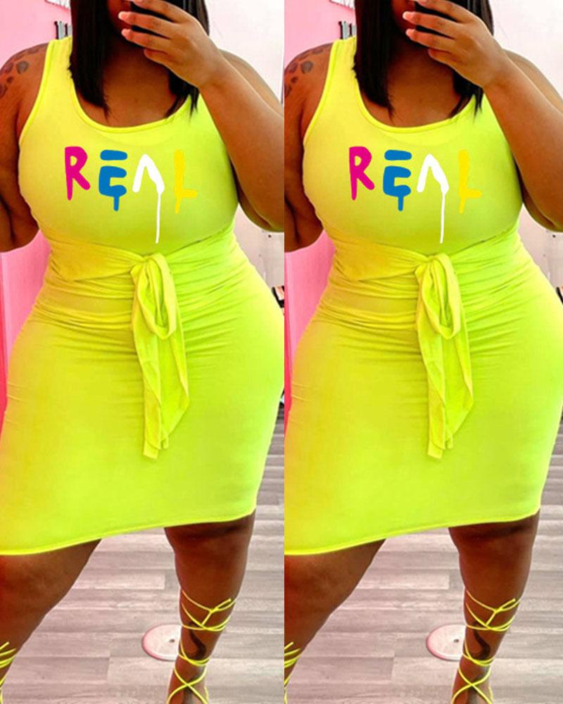 

Plus Size Letter Print Tied Detail Casual Tank Dress, Yellow