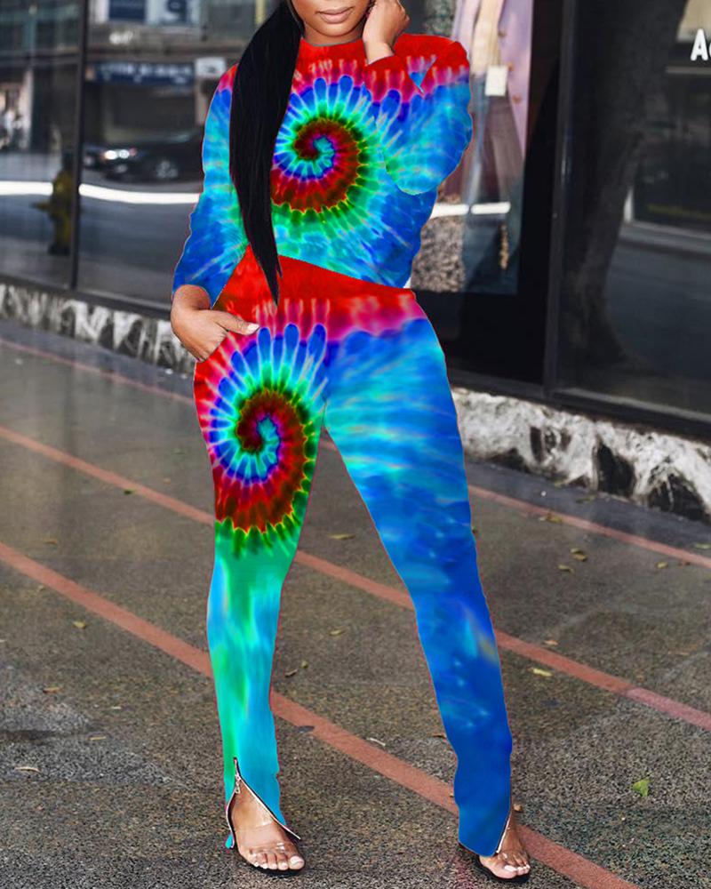 

Tie Dye Long Sleeve Top & Zipper Slit Pants Sets, Red