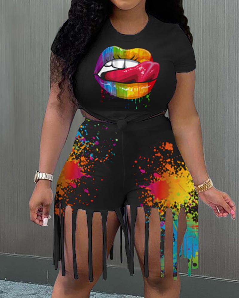 

Lip Print Top & Tassel Design Ink Splash Print Shorts Set, Black