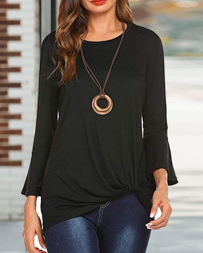 

Bell Sleeve Twist Hem Top, Black