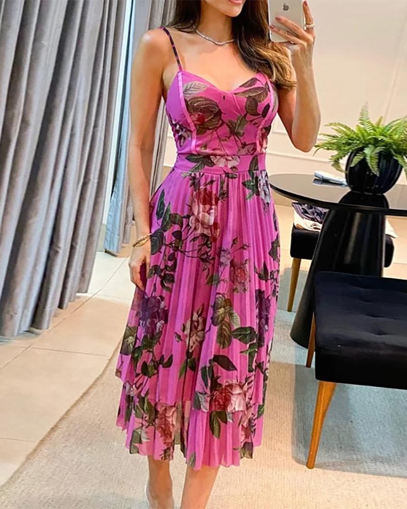 

Vestido Cami Plissado com Estampa Floral, Hot pink