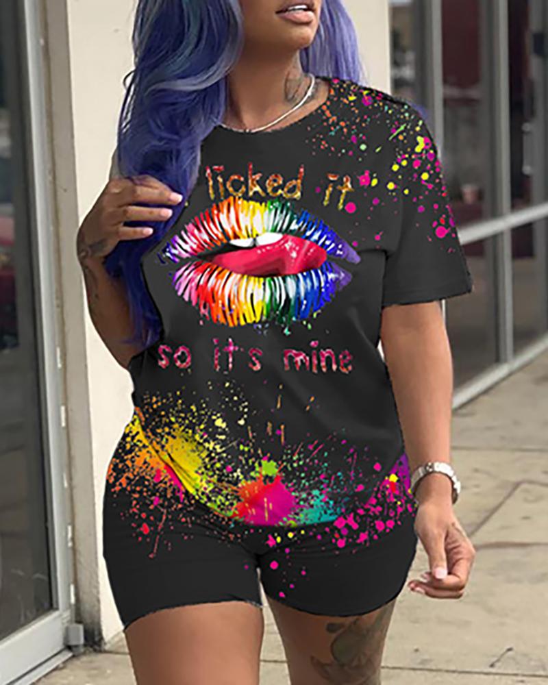 

Ink Splash Lip Print Top & Shorts Set, Black
