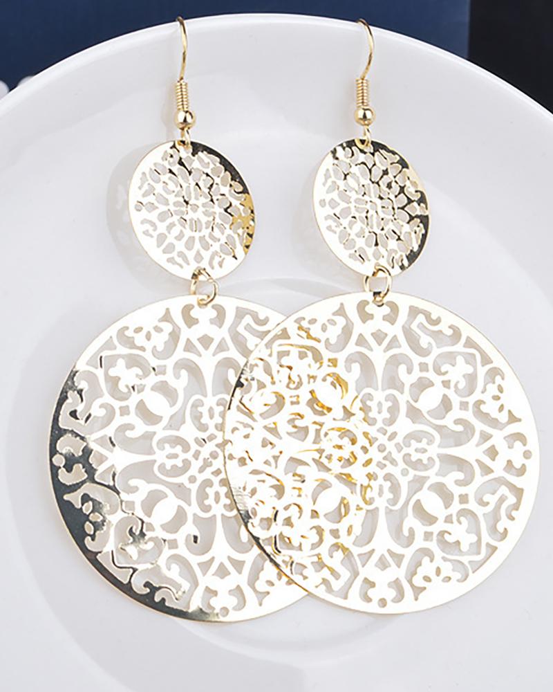 

1Pair Hollow Out Round Shaped Drop Earrings, Gold