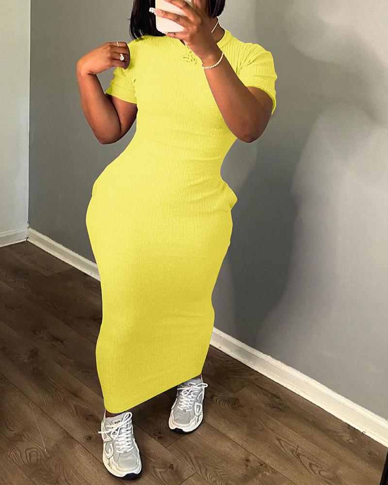 

O-neck Short Sleeve Bodycon Dress, Yellow