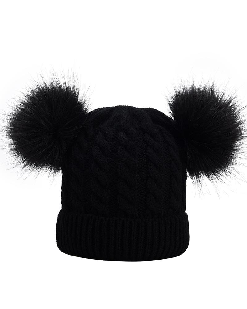 

Faux Fur Pom Pom Ears Knit Beanie Winter Hat, Black