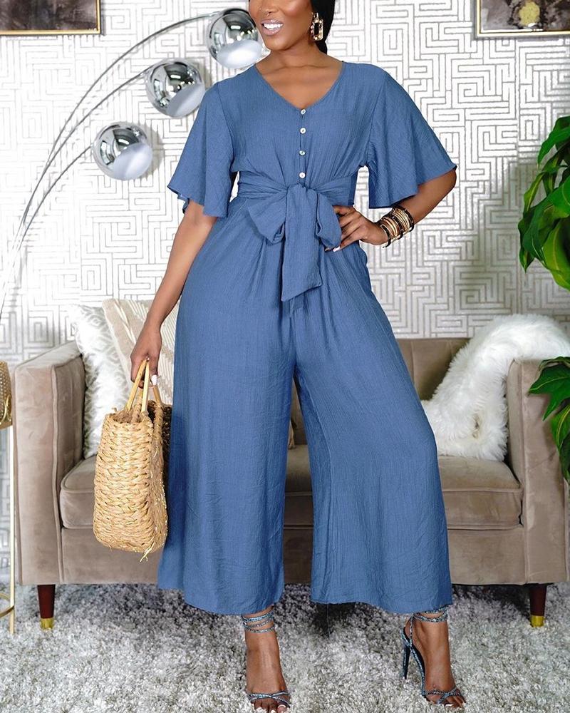 

Solid Short Sleeve Lace-up Wide Leg Jumpsuit, Blue