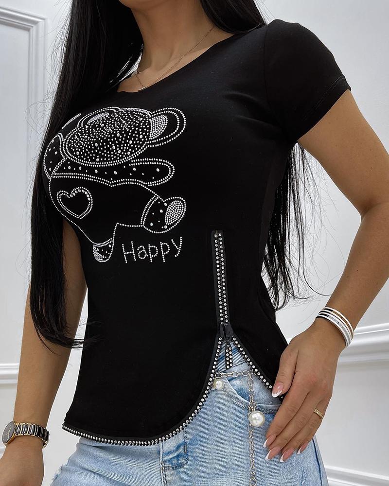 

Rhinestone Cartoon Bear Pattern Zipper Design T-shirt, Black