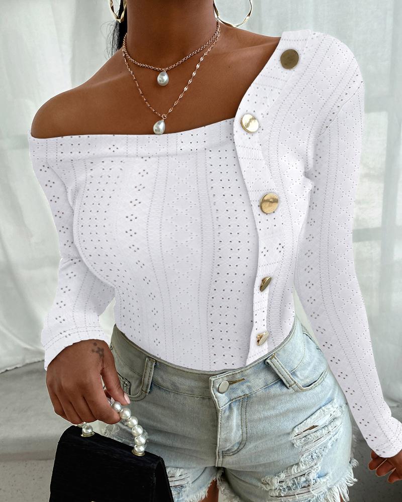 

Asymmetrical Neck Buttoned Eyelet Embroidery Top, White