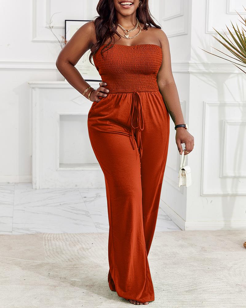 

Bandeau Shirred Pocket Design Wide Leg Jumpsuit, Red