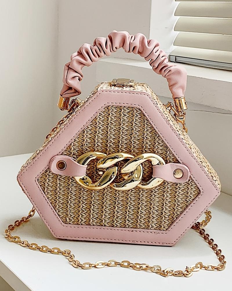 

Trendy Chain Decor Top Handle Straw Geometrical Crossbody Bag, Pink