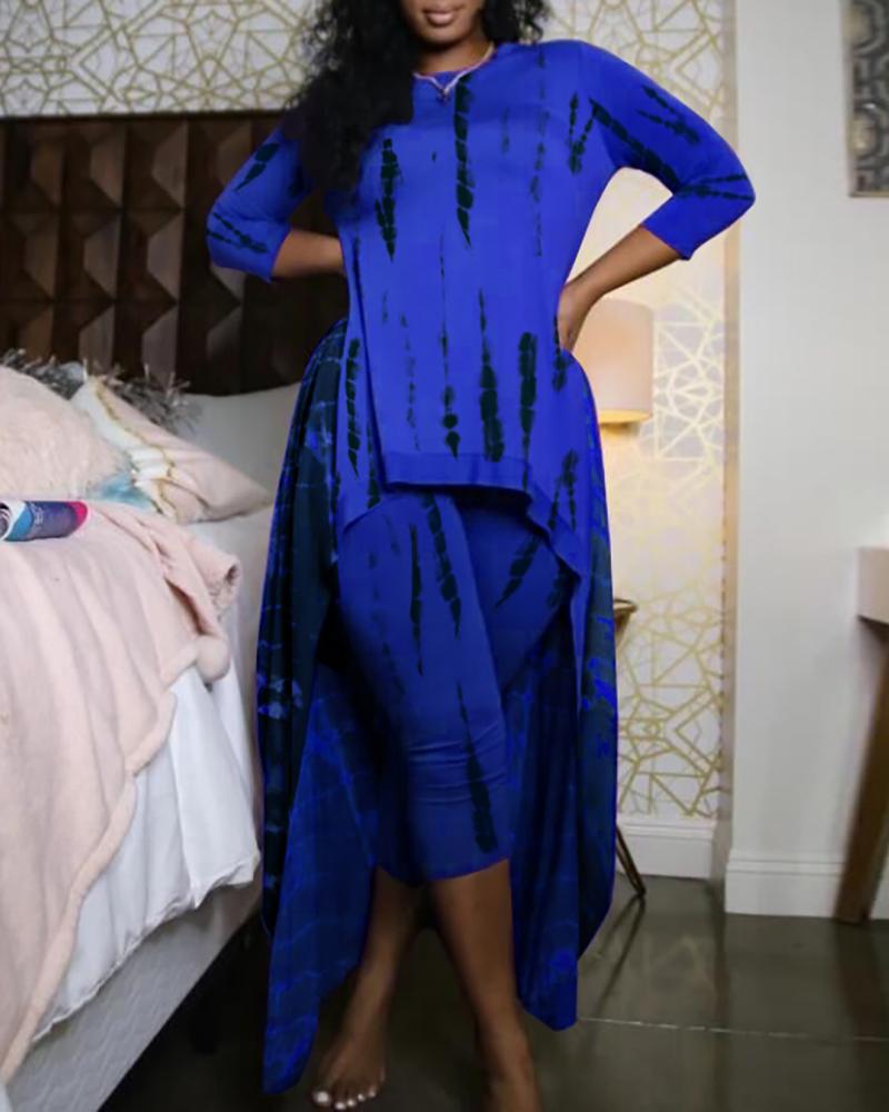 

Tie Dye Print Long Sleeve Dip Hem Top & Shorts Set, Dark blue