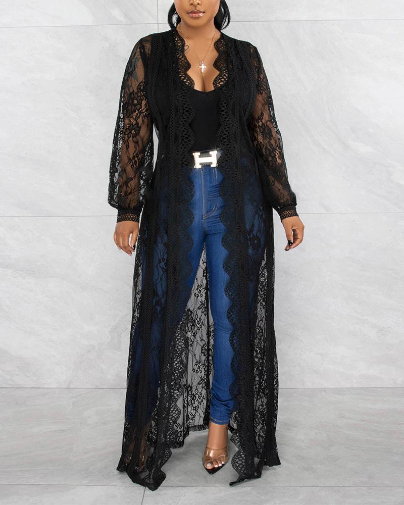 

Crochet Lace Scallop Trim Longline Coat, Black