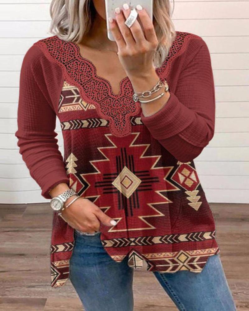 

Plus Size Aztec Geometric Print Contrast Lace Long Sleeve Top, Red