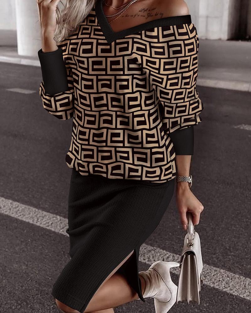 

Geometric Print Long Sleeve Top & Split Hem Skirt Set, Black