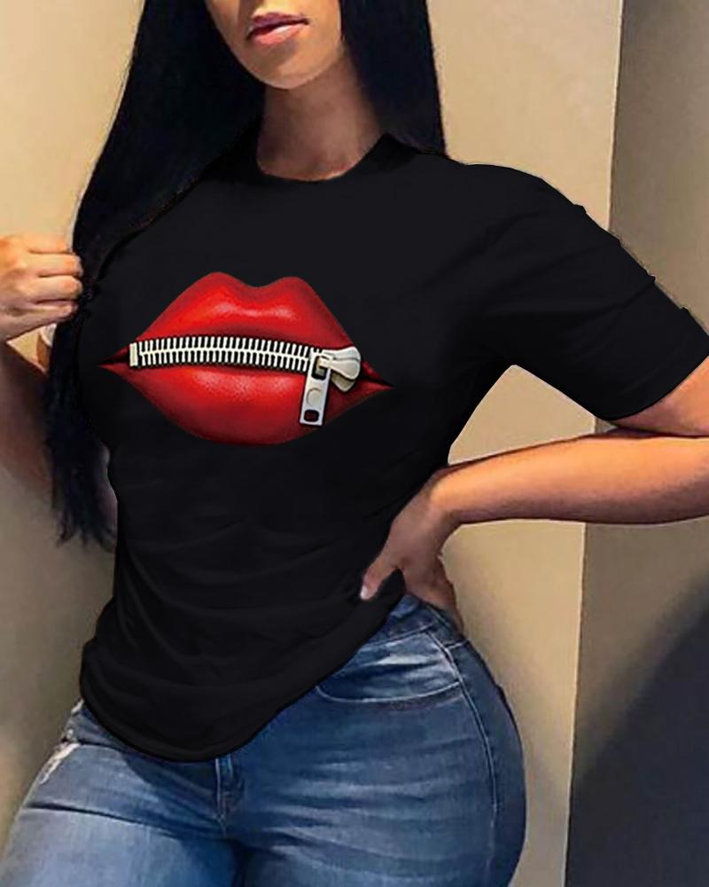 

Zipper Lip Print Short Sleeve T-Shirt, Black