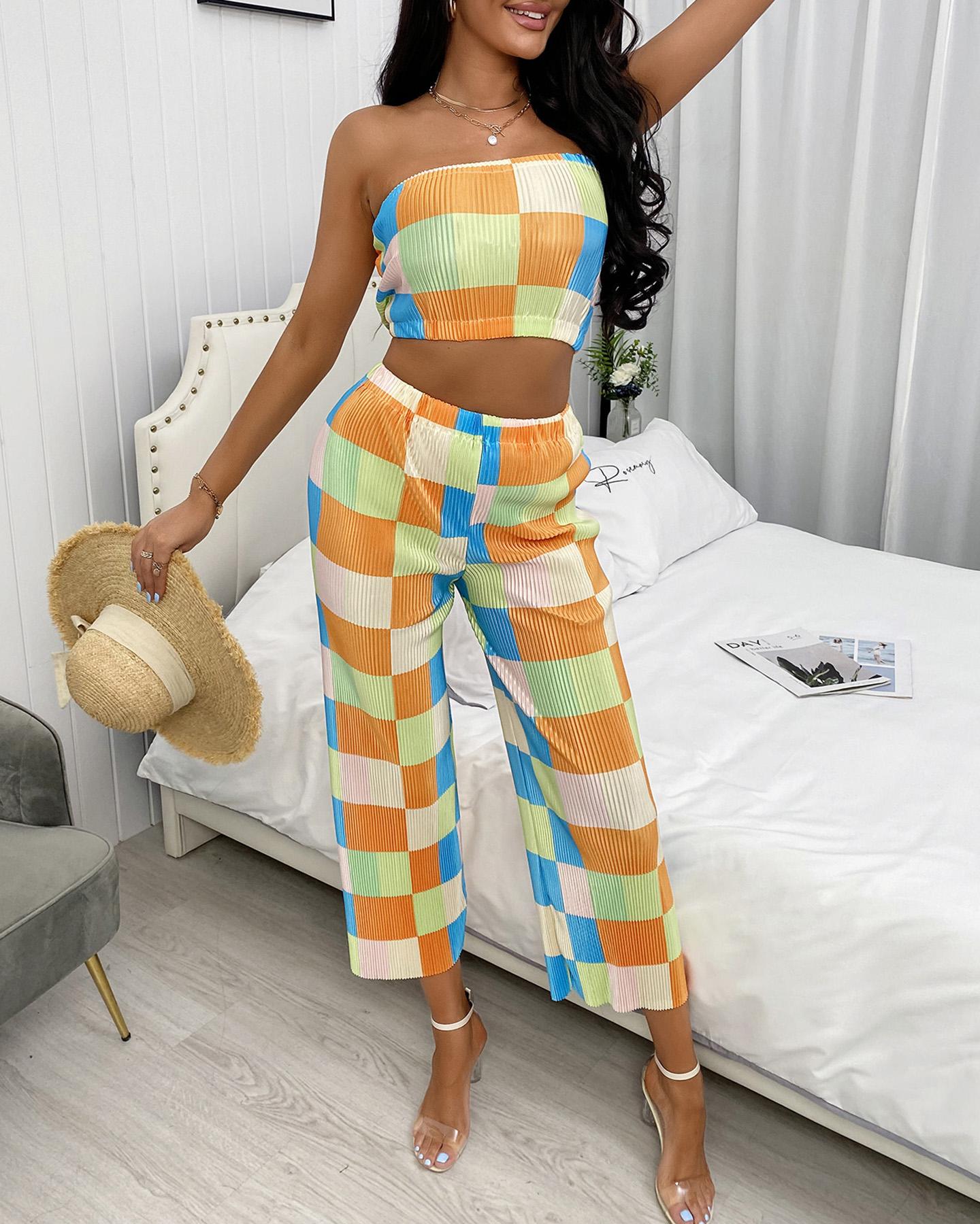 

Bandeau Colorblock Ruched Crop Top & Pants Set, Multicolor