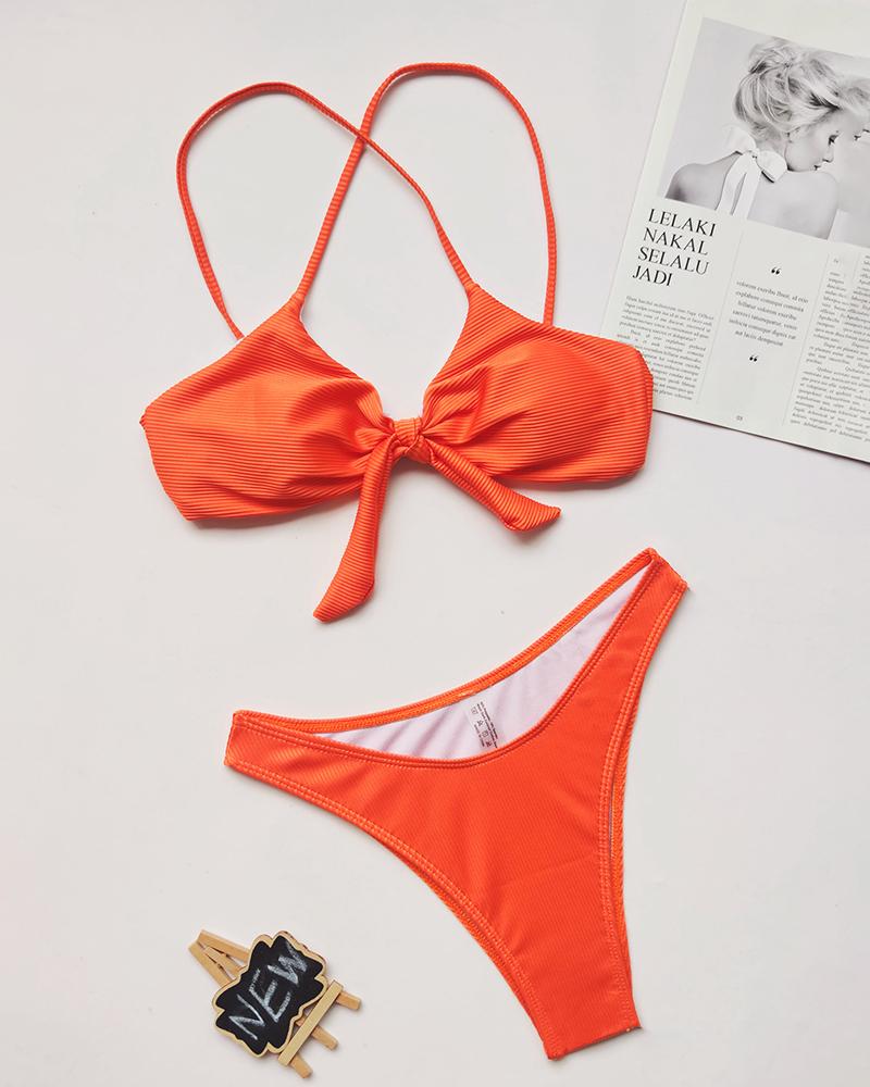 

Striped Crisscross Backless Knotted Front Bikini Set, Orange