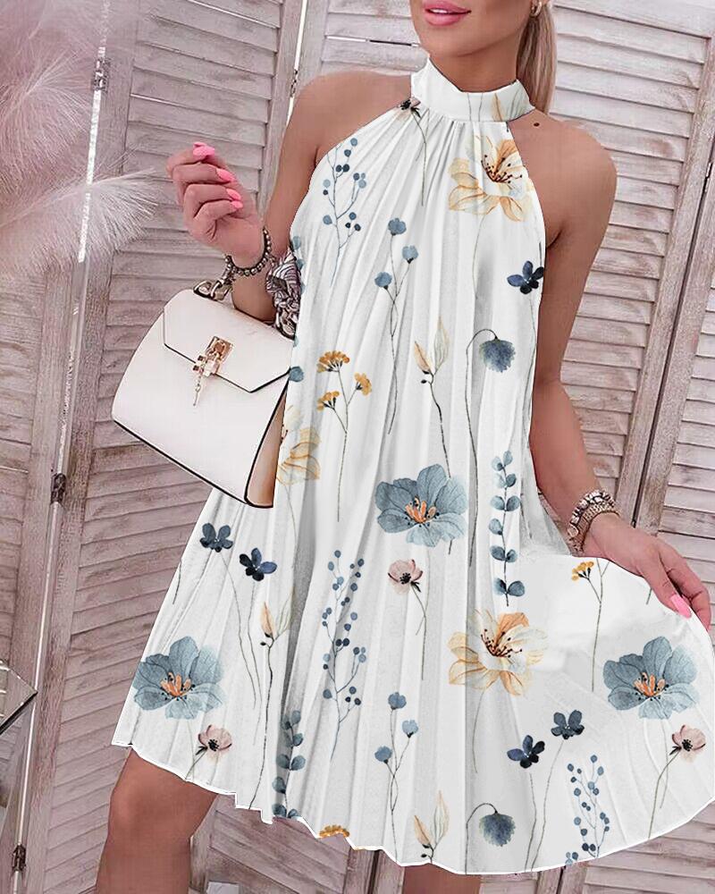 

Floral Print Halter Casual Pleated Dress, White