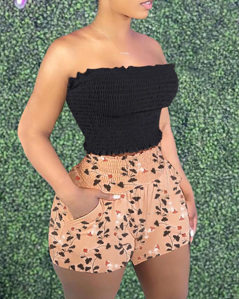 

Shirred Bandeau Top & Floral Print Pocket Design Shorts Sets, Apricot