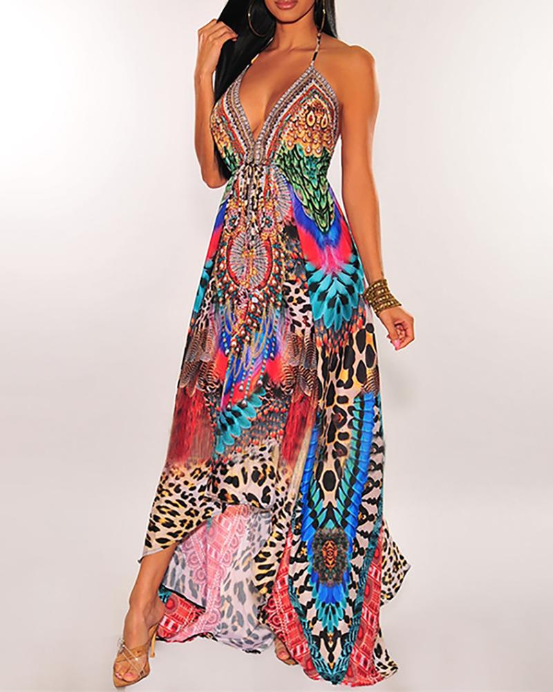 

Cheetah Print Colorblock Halter Backless Maxi Dress, Hot pink