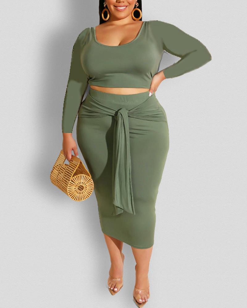 

Plus Size Long Sleeve Crop Top & Tie Front Skirt Set, Army green