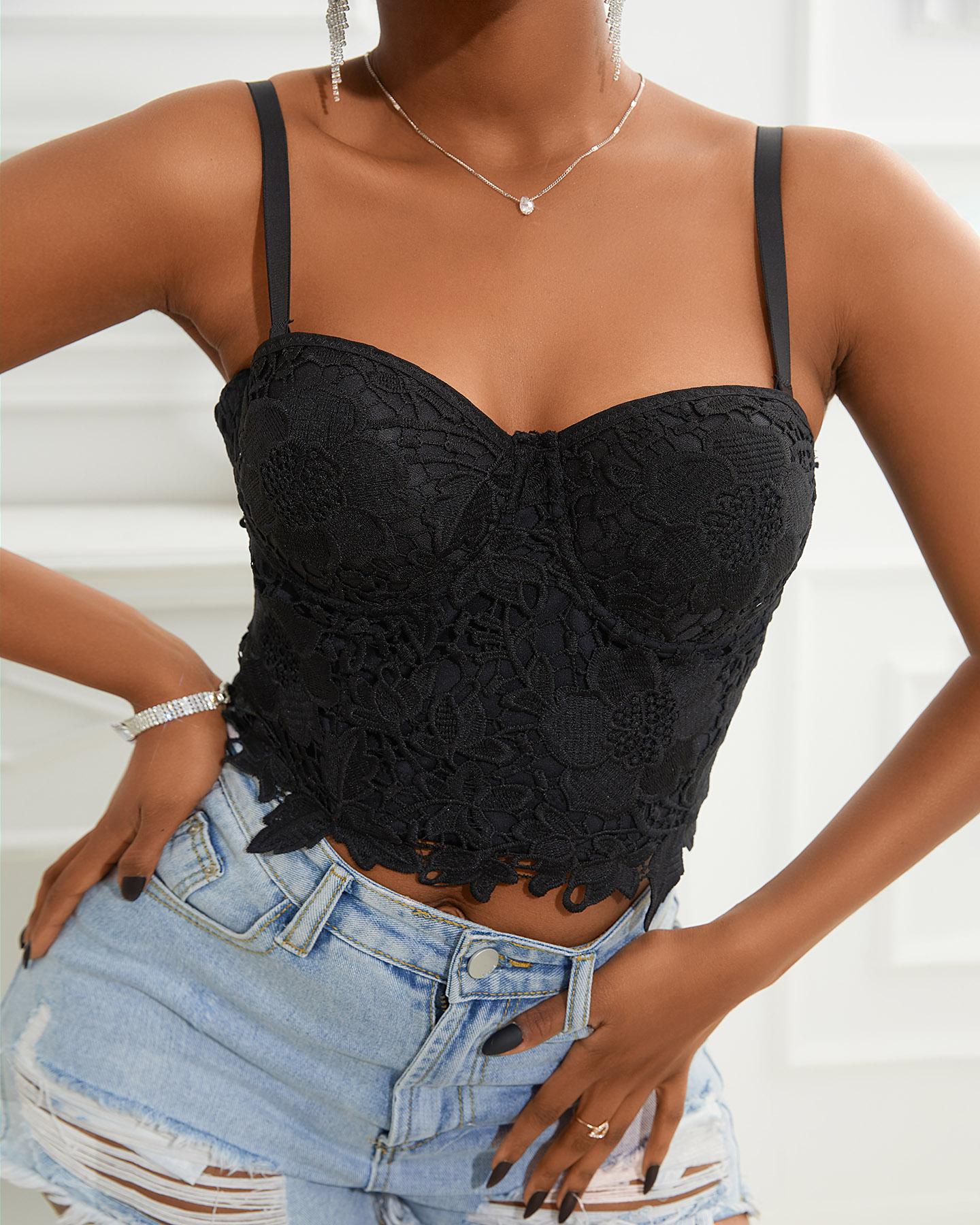 

Guipure Lace Spaghetti Strap Corset Crop Top, Black