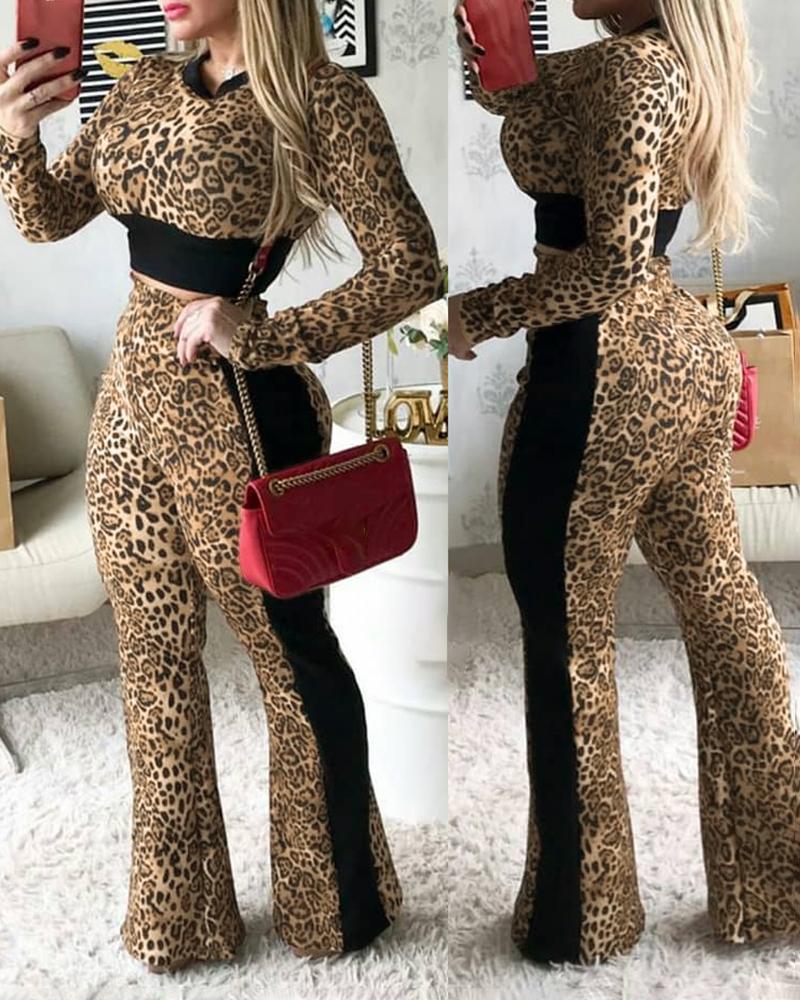 

Cheetah Print Contrast Binding Top & Bootcut Pants Set, Dark brown