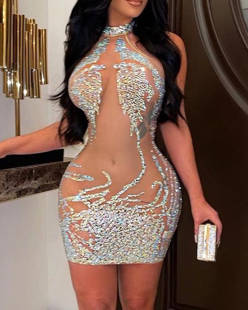 

Sheer Mesh Contrast Rhinestone Bodycon Dress, Apricot